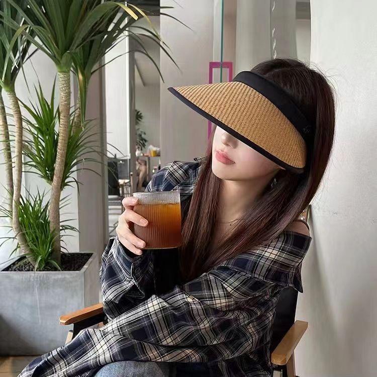 New Summer Sun Protection Hat UV Headband Straw Woven Empty Top Big Brim Showing Face Small Straw Hat