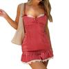European & American Spicy Girl Lace Patchwork Camisole Dress with Plaid Color Block, Bow, and Ruffle Hem Short Skirt.