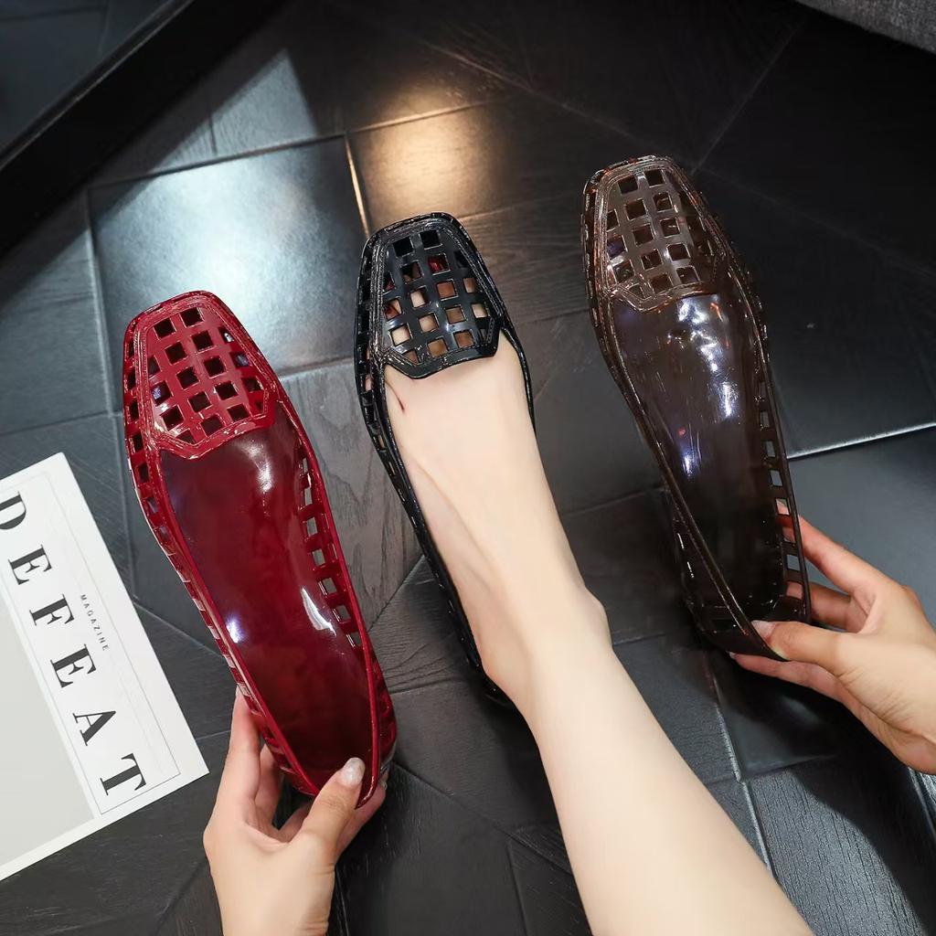 Jelly slippers women's spring and summer outer wear crystal hollow square head slippers lazy one pedal dancing shoes