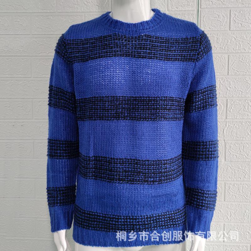 

Мужской свитер крупной вязки с круглым вырезом и комплект повседневной одежды с потертыми синими джинсами XL синий