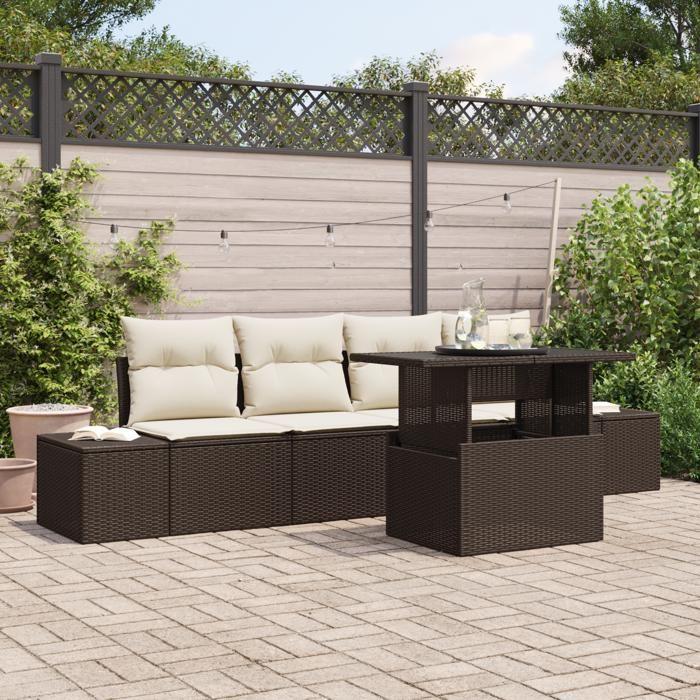 VidaXL Ensemble de canapé de jardin 5 pièces avec coussins marron en rotin poly 3349084