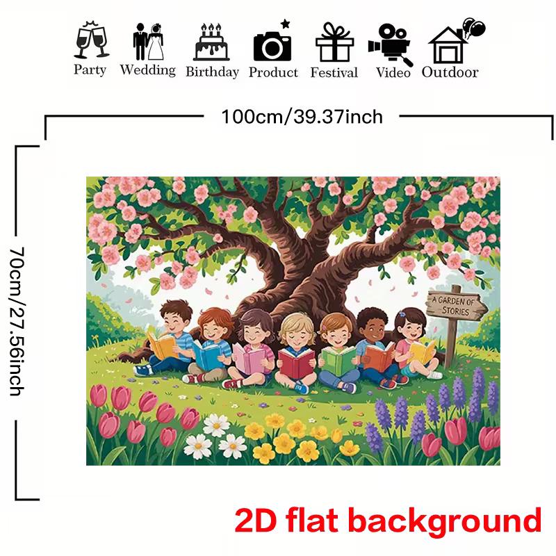 Spring Garden Storytime Backdrop with Children, Flowers, and Cherry Blossom Tree 47.2x31.5inch/120*80cm