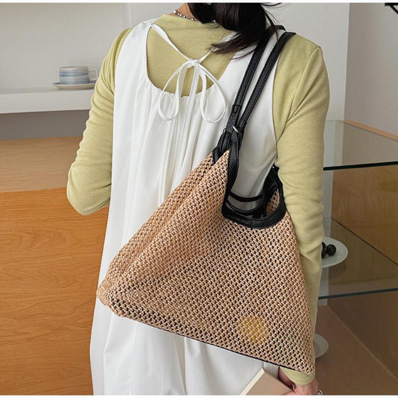 Straw Woven Tote Bag For Women Koreanstyle Large Capacity Beach Shoulder Bag With Pu Leather Trim Casual Commute Soft Handbag