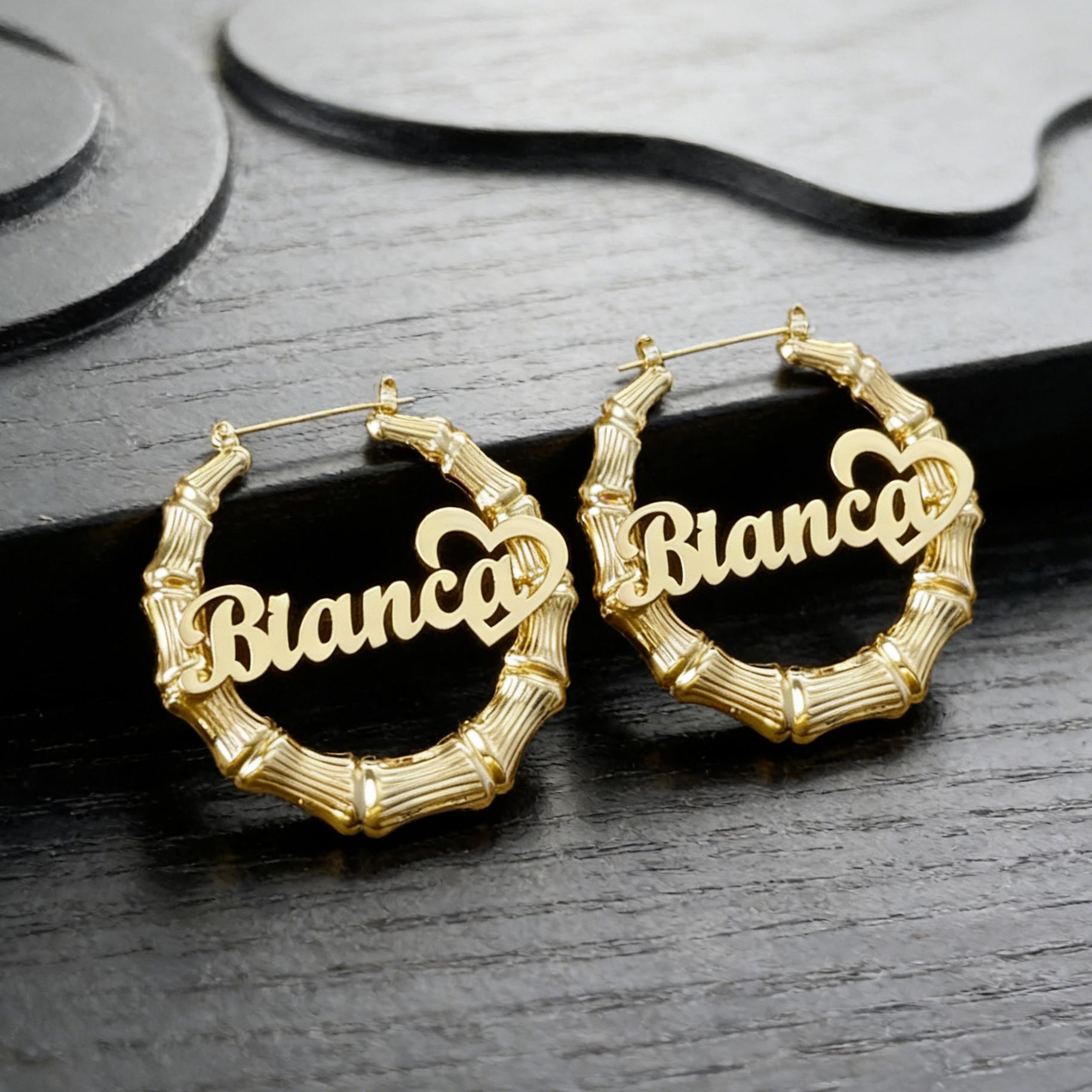 

Atoztide 50mm Custom Name Bamboo Earrings For Women Personalized Round Hoop Earring Stainless Steel Jewelry Party Birthday Gift Silver Color