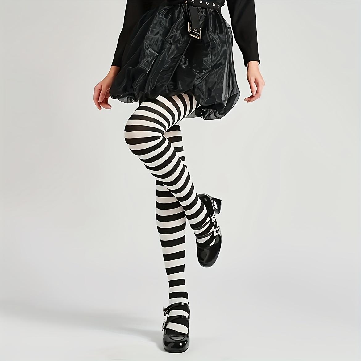 

Chic Black & White Striped Tights for Women - Slimming, Versatile Pantyhose with High Waist, Nylon-Spandex Blend, Hand Washable, Playful Asian One-size