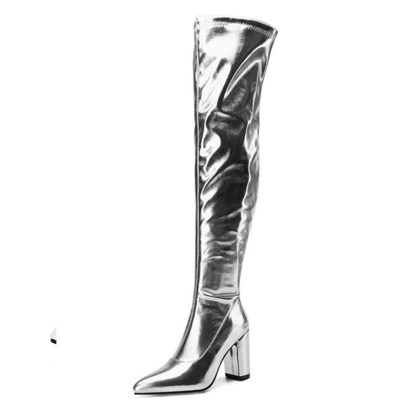 

Роскошные сапоги выше колена, женские сексуальные туфли на высоком каблуке для вечеринок и танцев, зимние туфли, женские серебряные, золотые, высокие сапоги, большой размер 45 44 серебряный