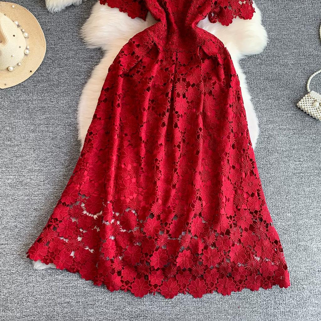 Summer Formal Evening Dress Women Hollow Out Crochet Lace Embroidery Party Long Dresses Female Short Sleeve Midi Dress