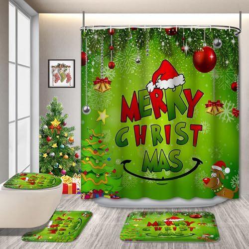 Christmas 4-Piece Bathroom Curtains Christmas Tree Snow Shower Curtain Non-Slip Bath Mat U-Shaped Bathroom Mat Toilet Cover