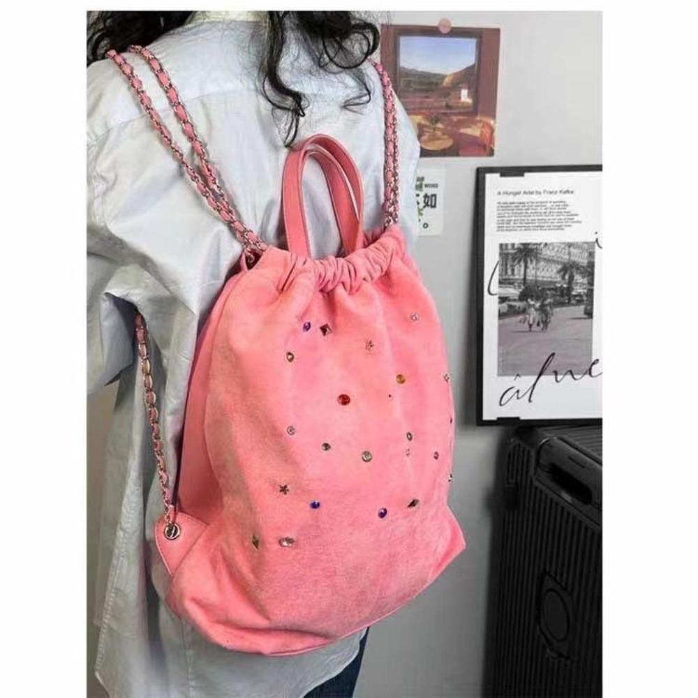 

Korea Fashion Casual Women s Bag Splicing Colored Gem Chain Backpack Student Large Capacity Drawstring Handbag рожевий