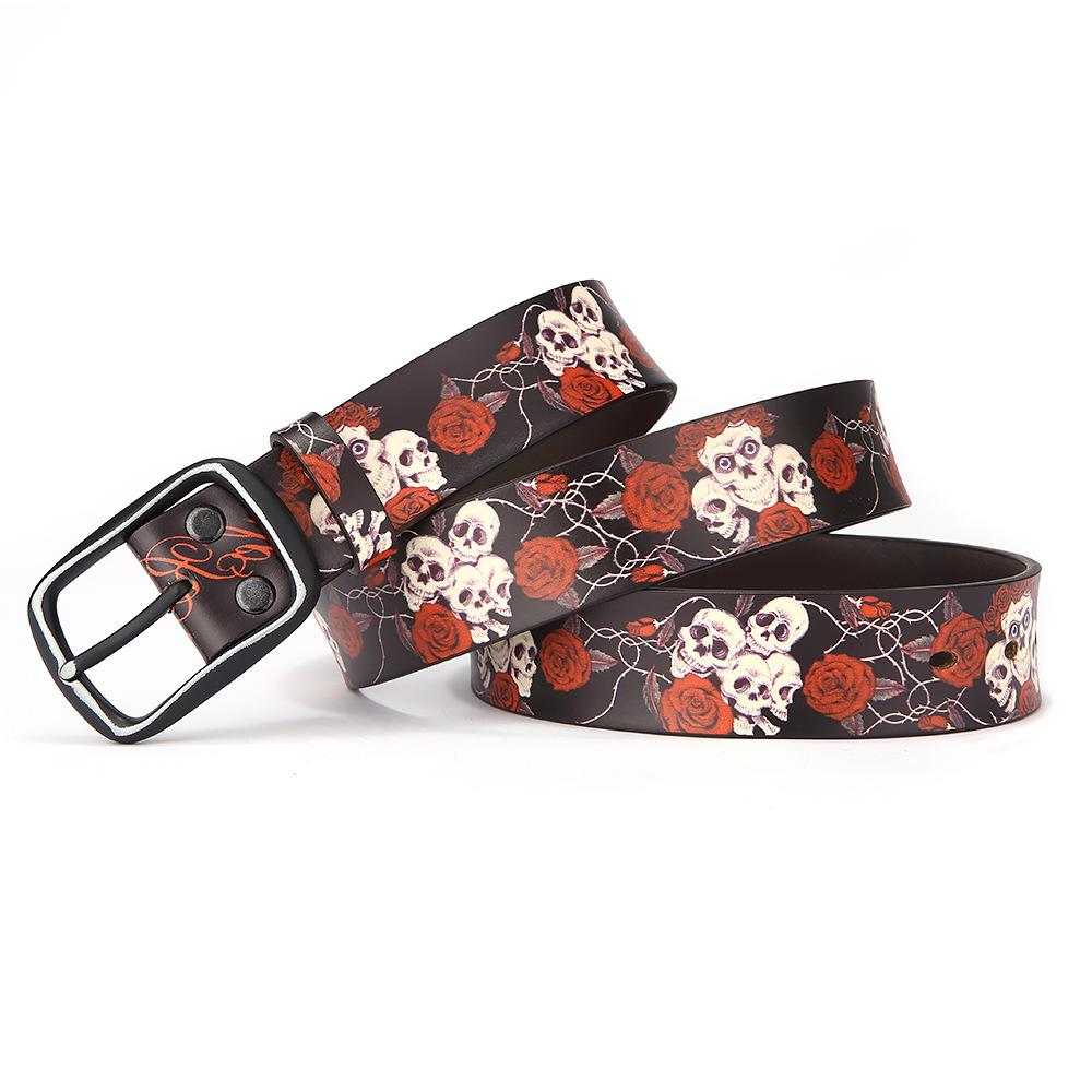 Printed Graffiti Leather Belt, Rose Skull Design, Personalized Male and Female Cowhide Leather Belt