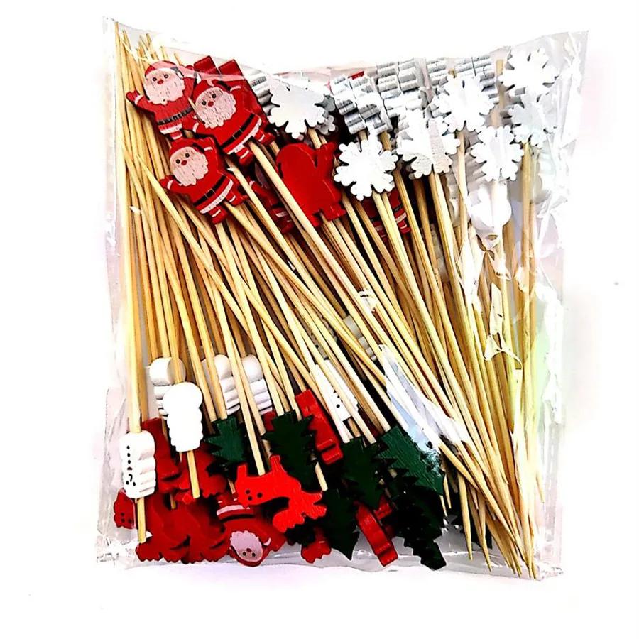 50Pcs Christmas Fruit Sticks Disposable Bamboo Sticks Christmas Tree Elk Santa Fruit Toothpicks for Cake Dessert Salad Decor