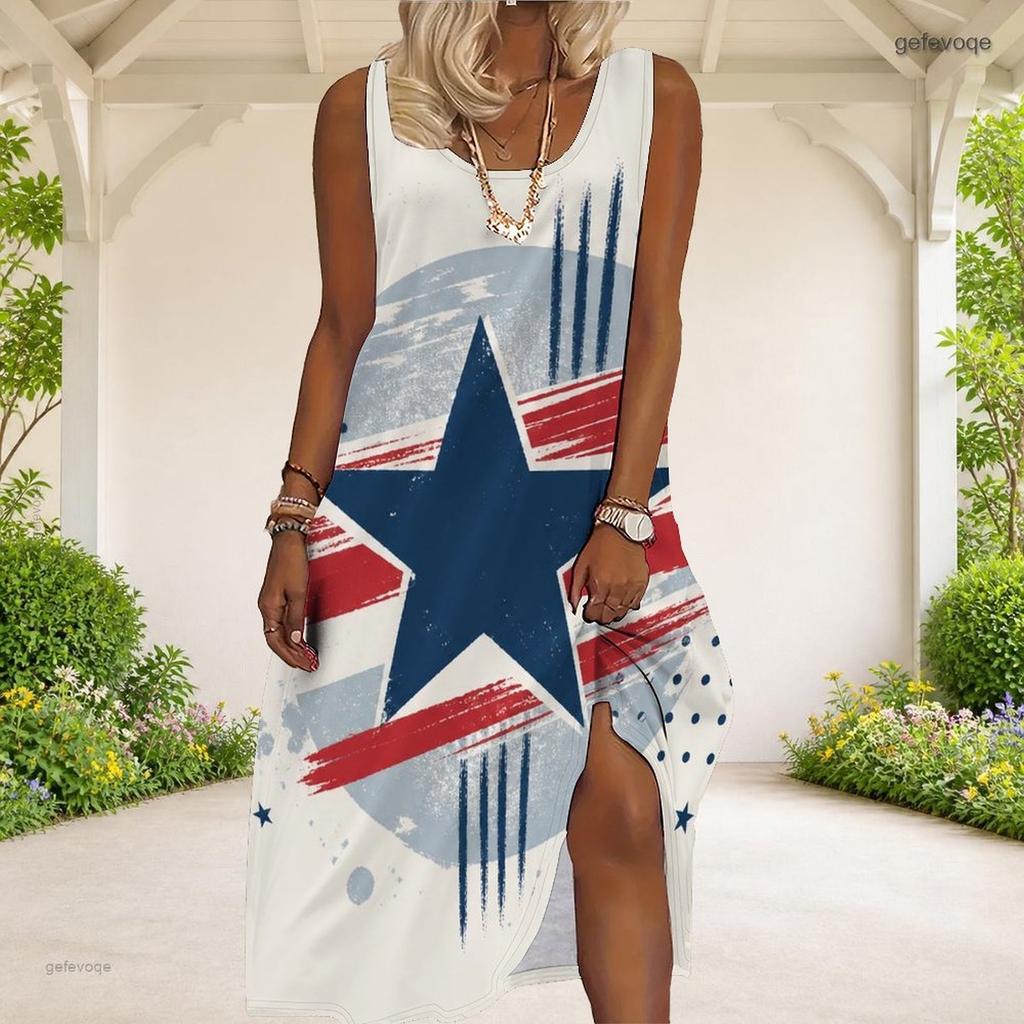 Women Plus Size Sleeveless Scoop Neck Eagle Star Print A Line Long Maxi Dress