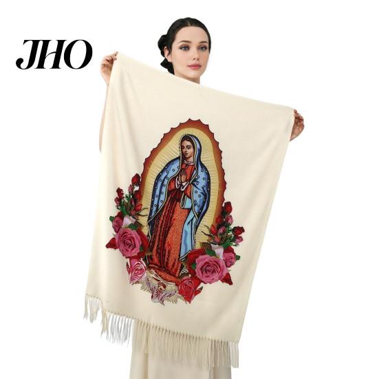 Versatile Silk Scarf Virgin Mary Shawl Soft Cashmere Warm Wrap Luxury Comfort Tassel Scarves Winter Lightweight Blanket Religious Accessory Fine Weave