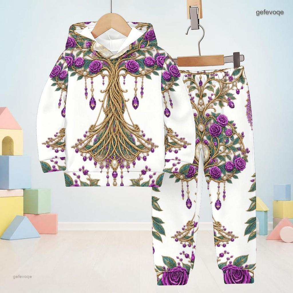 Boys Girls Hooded Long Sleeve Printed Sweatshirt Cuffed Pants Two Piece Set