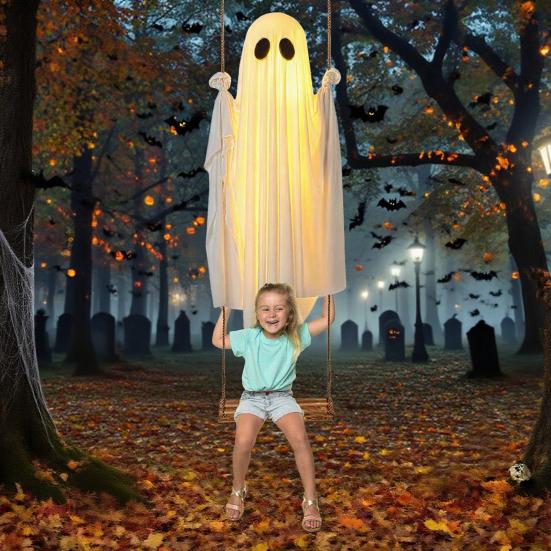 Závěsná houpající se dekorace ducha Halloween Velký houpající se duch se světelným řetězem Venkovní strašidelný svítící bílý duch pro dekoraci přední verandy, dvora, stromu