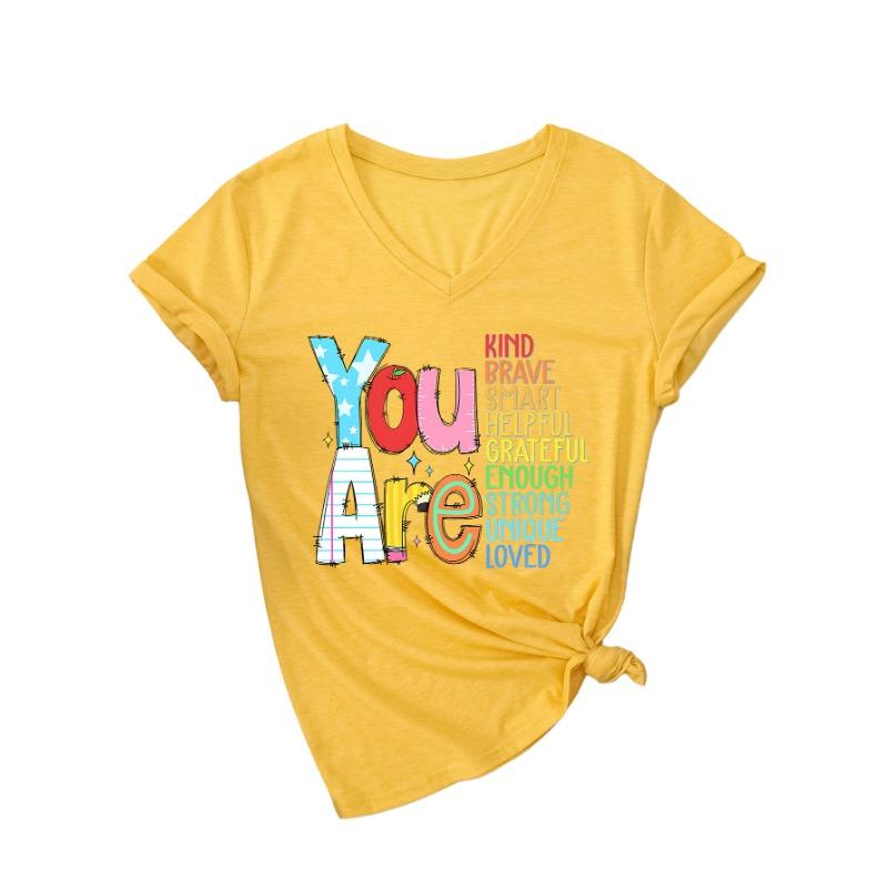 Summer V-neck Inspirational Text Printed Top Fashionable Casual Short Sleeved Women's T-shirts