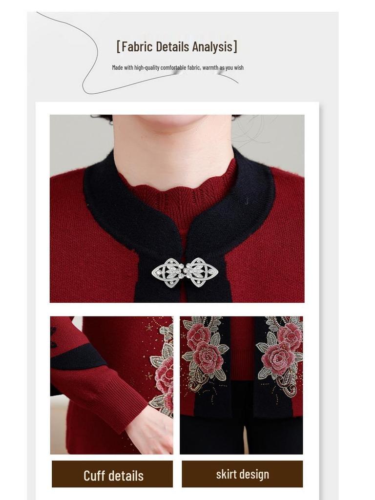 Mom's Plush Thickened Knit Cardigan Two-Piece Set for Autumn and Winter - Middle-Aged and Elderly Women's Stylish Chinese Outerwear