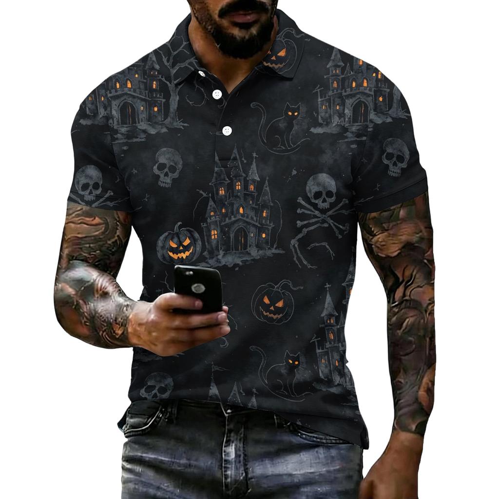 Herren Halloween Print Kurzarm Poloshirt Lockerer Schnitt Lässig Sommer Tägliches Tragen Hemdkragen mit Knöpfen
