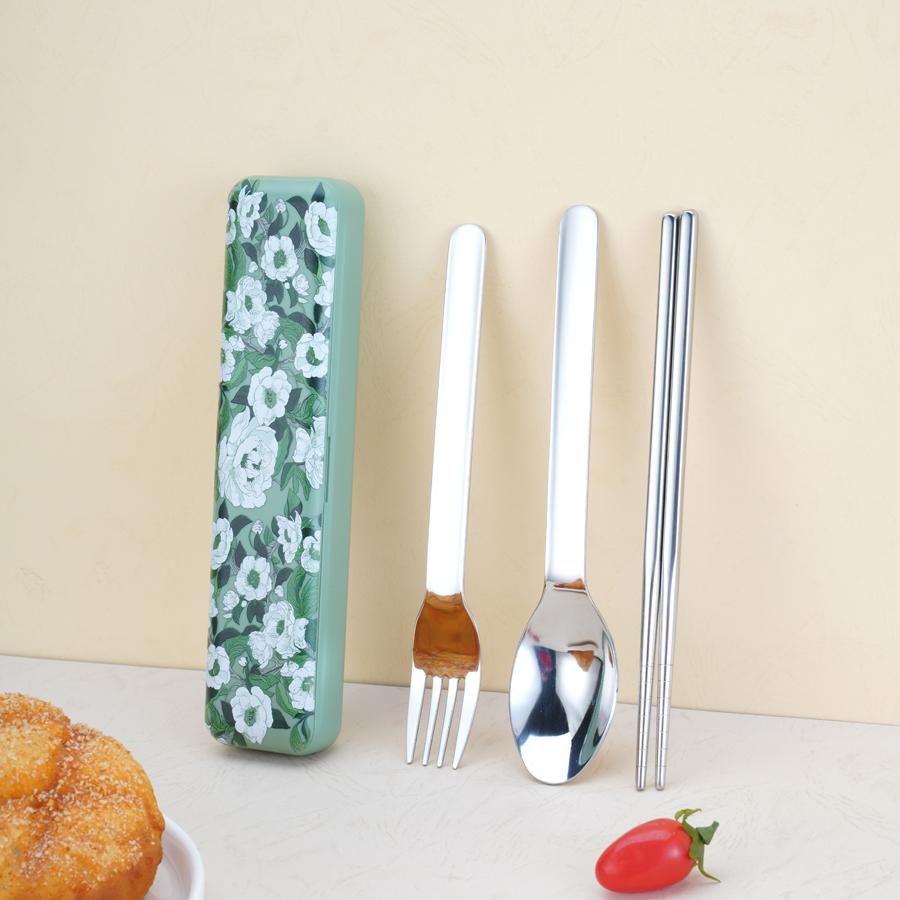 304 Stainless Steel Portable Cutlery Set Japanese Style Dinnerware Fork Spoon Chopsticks Set Magnetic Box With Cherry Pattern