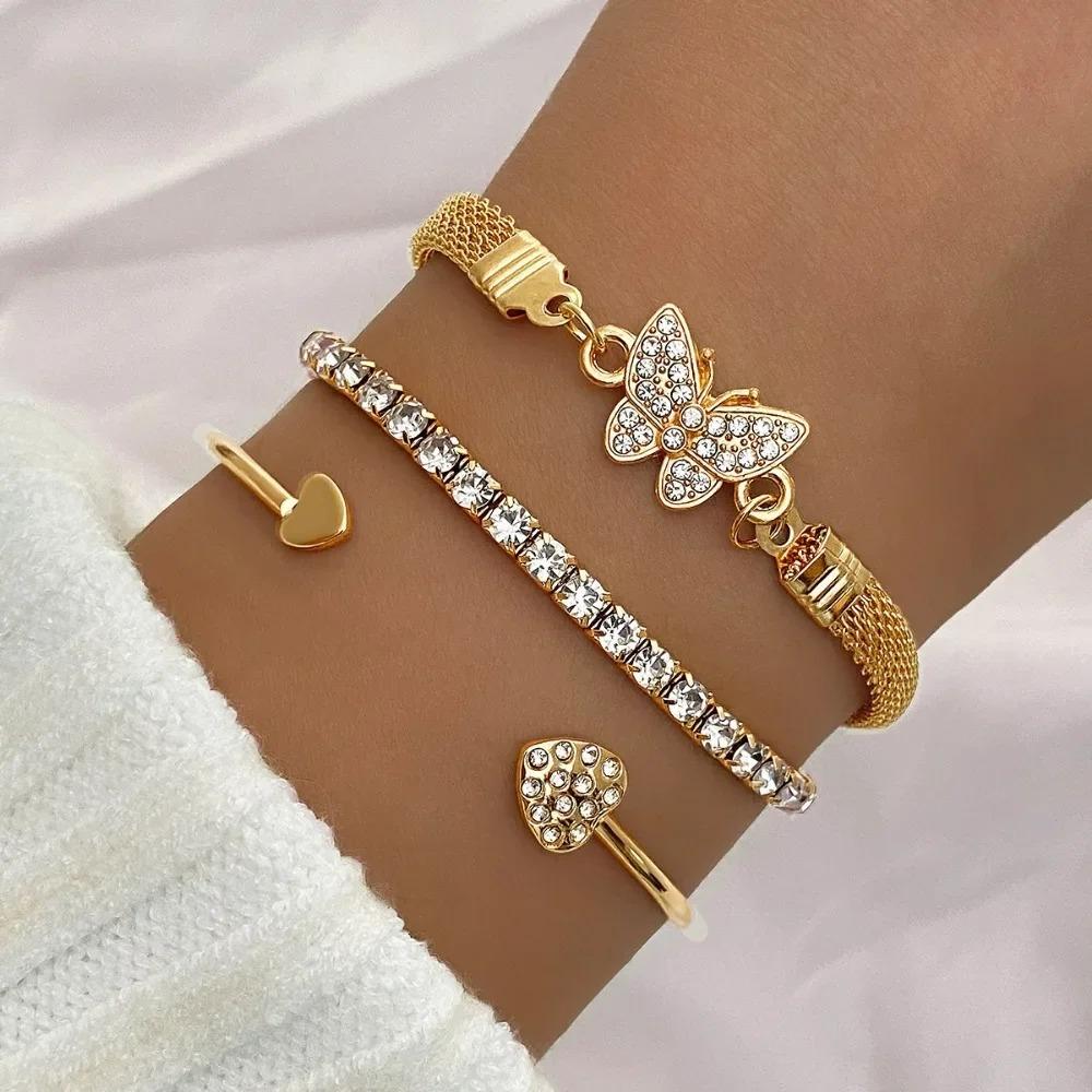 Vintage Set Silver Color Crystal Rhinestone Heart Bracelets for Women Fashion Geometric Adjustable Cuff Bangle Butterfly Jewelry