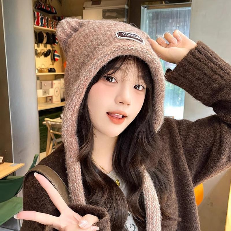 Autumn And Winter Woolen Cute Bear Ear Hat For Women Outdoor Warm Cold-Proof Sweet Knitted Hat