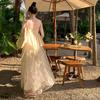 Romantic Heavy Industry Embroidery Suspender Long Dress V-neck Lace Splicing Fairy Skirt Apricot Other Literary and Retro