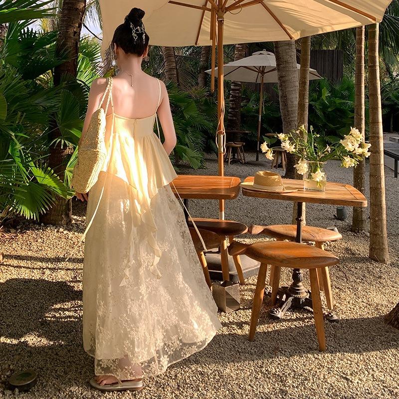 Romantic Heavy Industry Embroidery Suspender Long Dress V-neck Lace Splicing Fairy Skirt Apricot Other Literary and Retro