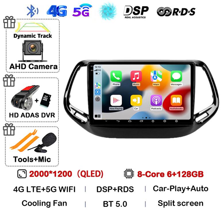 Android 14 Carplay Auto Car Radio For Jeep Compass 2017 2018 2019 GPS Navigation Stereo Multimedia Video Player 360 Camera WIFI