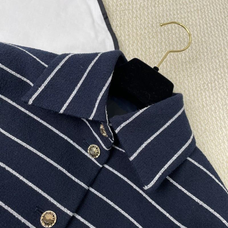 Womens 2026 Short Cropped Blazer With Silk Lining Navy Striped Wool Blend Notched Collar Single-Breasted Button Front
