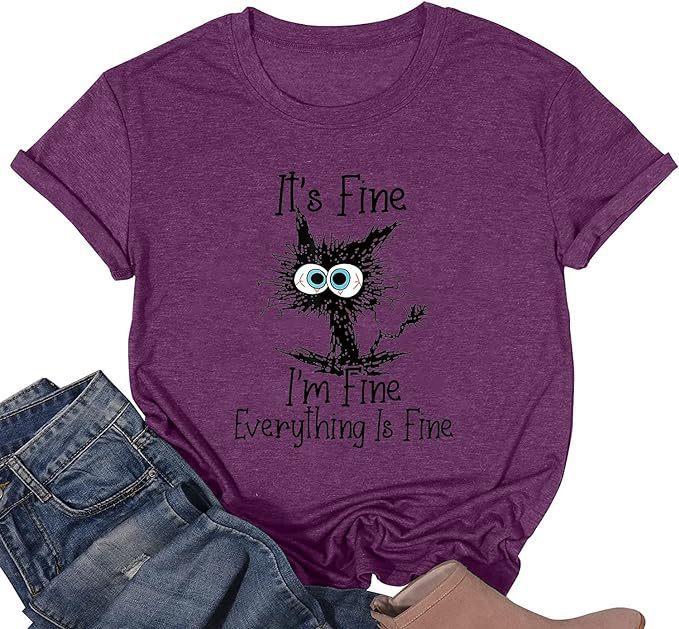 Women's top cat D print short-sleeved shirt apricot comfortable and casual