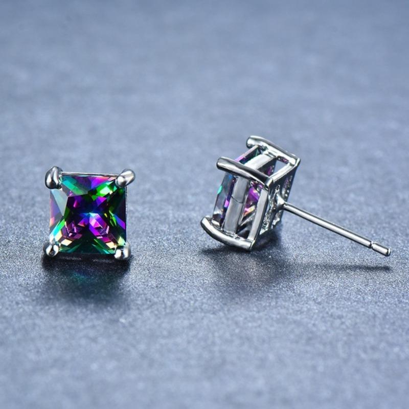 925 Sterling Silver 8MM Rainbow CZ Stone Sqaure Stud Earrings for Women Dainty Silver Color Stackable Ear Bone Studs Girls Jewelry