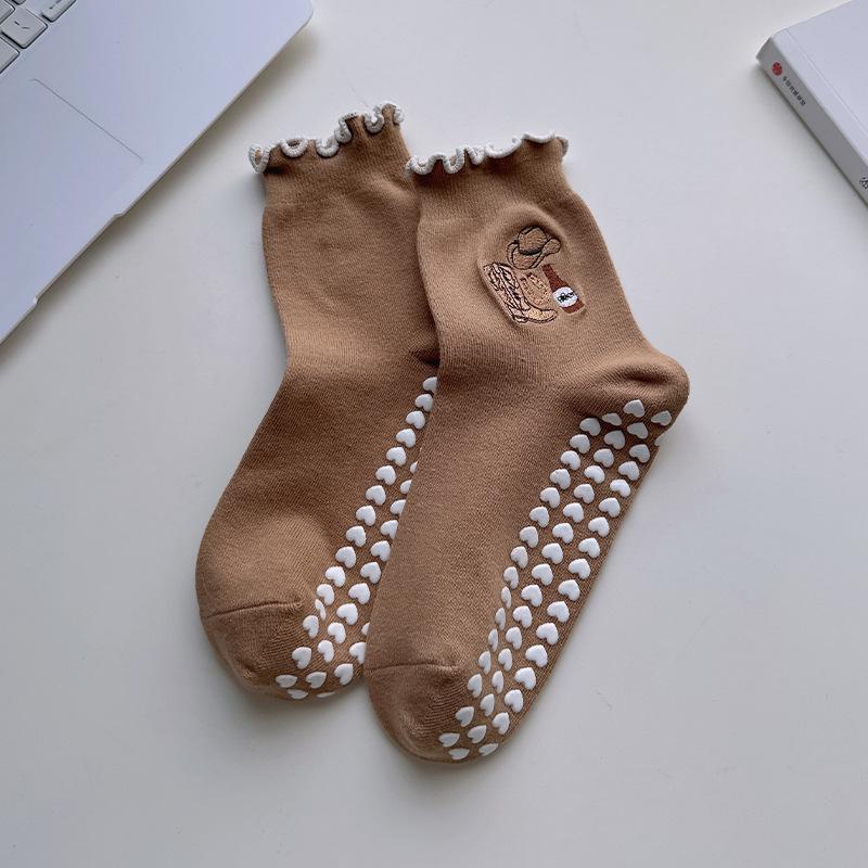 Children's Cartoon Yoga Socks - Mid-Calf, Anti-Slip, Embroidered Fluffy Bows, Fitness, Pilates Socks for Women