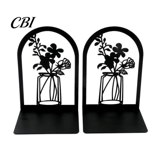 Metal Bookend 1 Pair Flower Bookends, Decorative Vase Book Ends for Shaped Shelves, Black Holder Stopper Home Office Reading Room Desktop