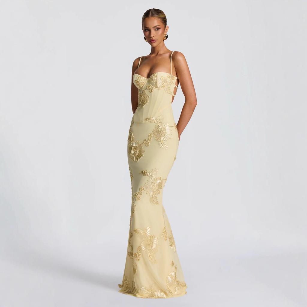 Women's Strapless Embroidered Floral Bodycon Long Dress Yellow Evening Gown