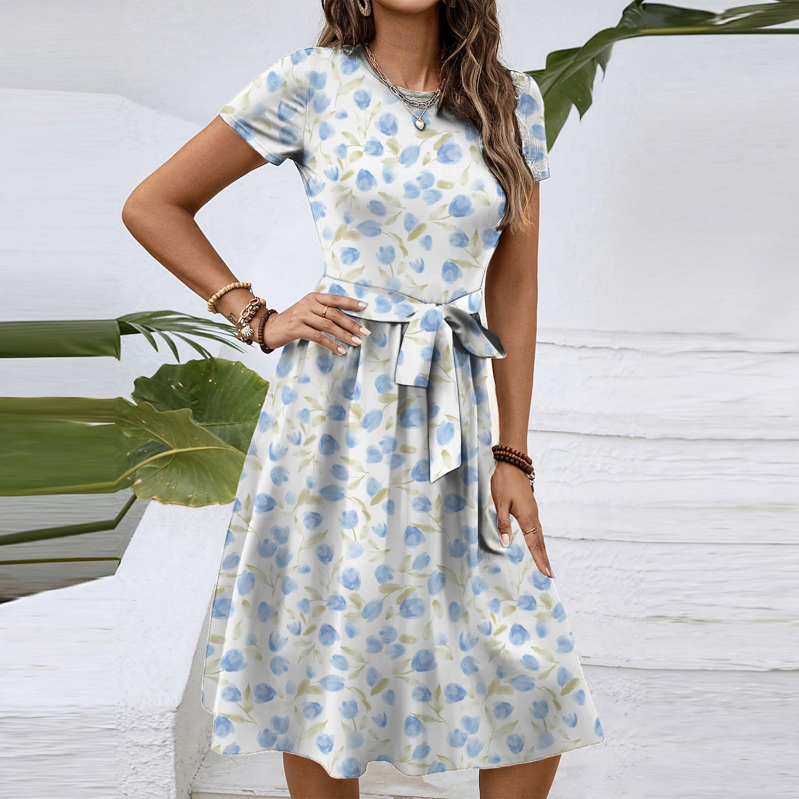 

Женское модное ретро-платье с принтом и цветным поясом XL белый