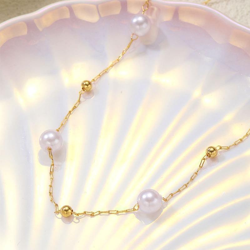 Imitation Pearl Necklace for Women Simple Fashionable Light Luxury and Cold Style Metal Ball Clavicle Chain Jewelry