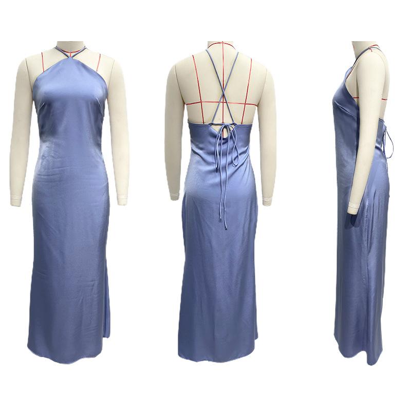 Women Design Sense Backless Spaghetti Strap Solid Ankel-Length Dress V-neck High Waist