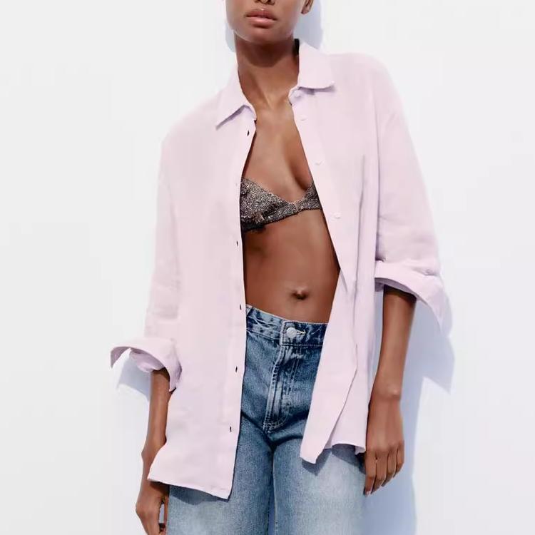 Zara Loose Solid Color Casual Long Sleeve Shirt Women Shirts Pink 2338152-620