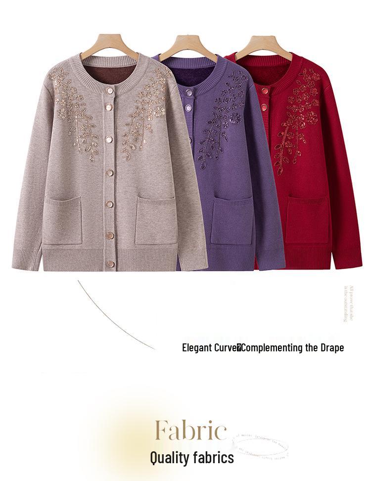 Grandma's Winter Knit Cardigan: Cozy Plus Velvet Sweater for Middle-Aged and Elderly Women