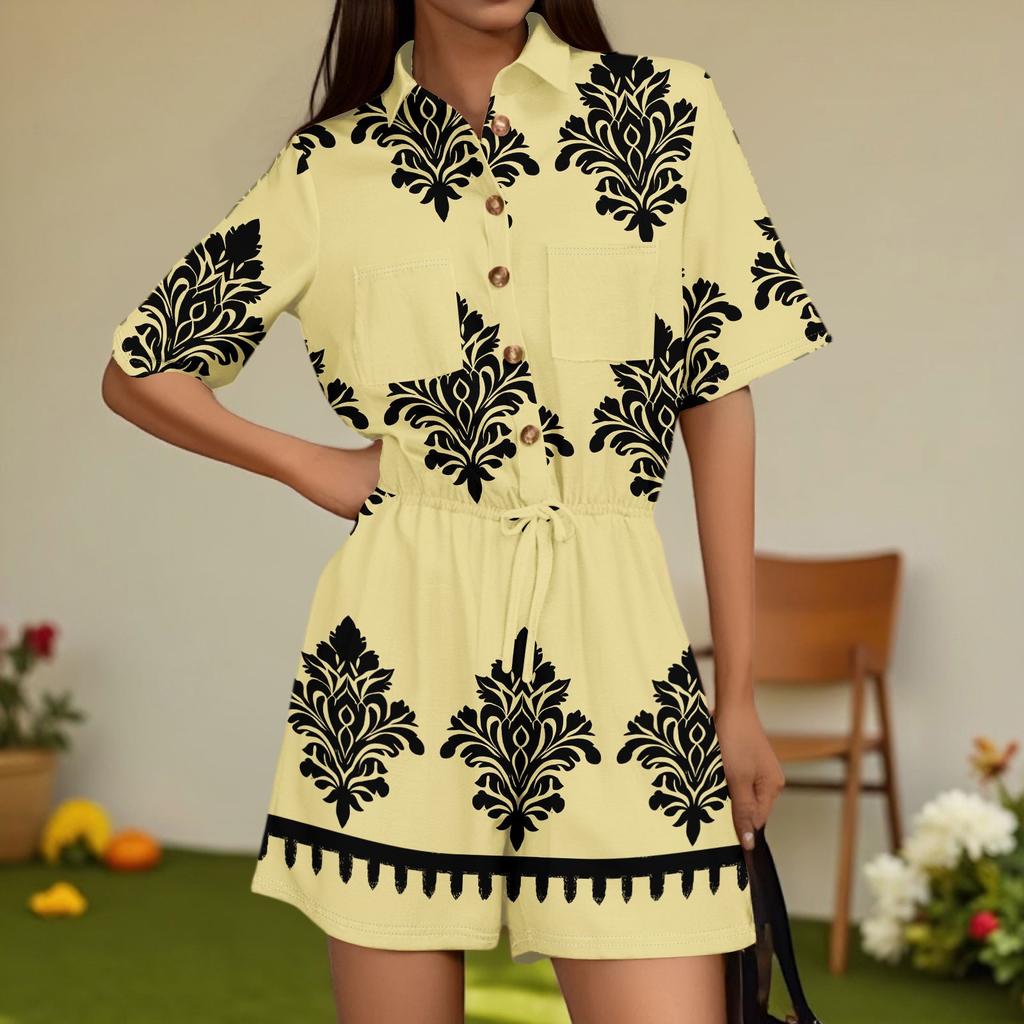Women's Fashion V-neck Jumpsuit Plaid Casual Short Sleeve Top Jumpsuit