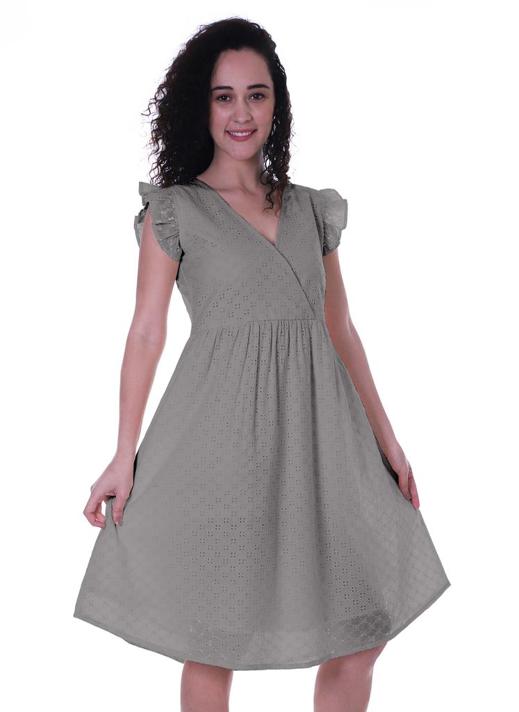 Moomaya Schiffli Dress Frill Sleeve W  V-neck Casual Relaxed Summer Garden