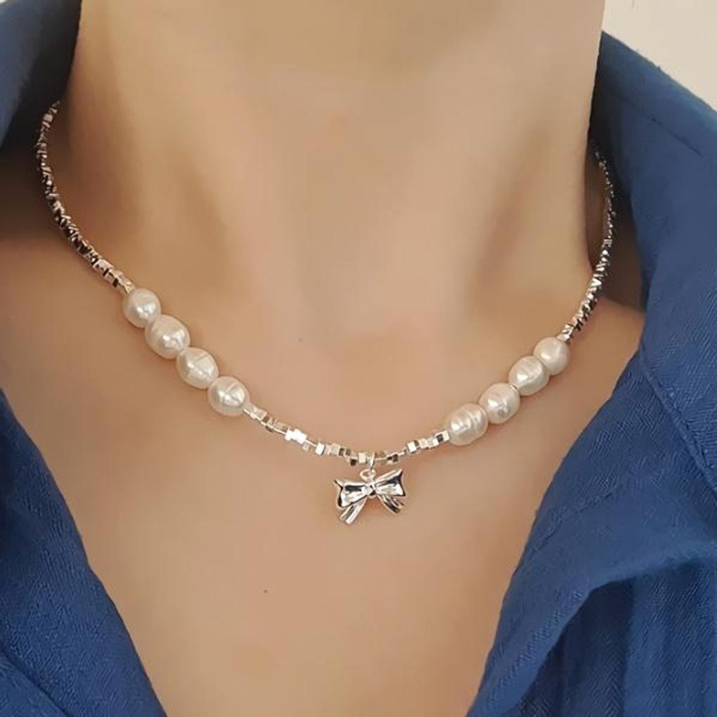 Women's Daily Ribbon Freshwater Silver Necklace