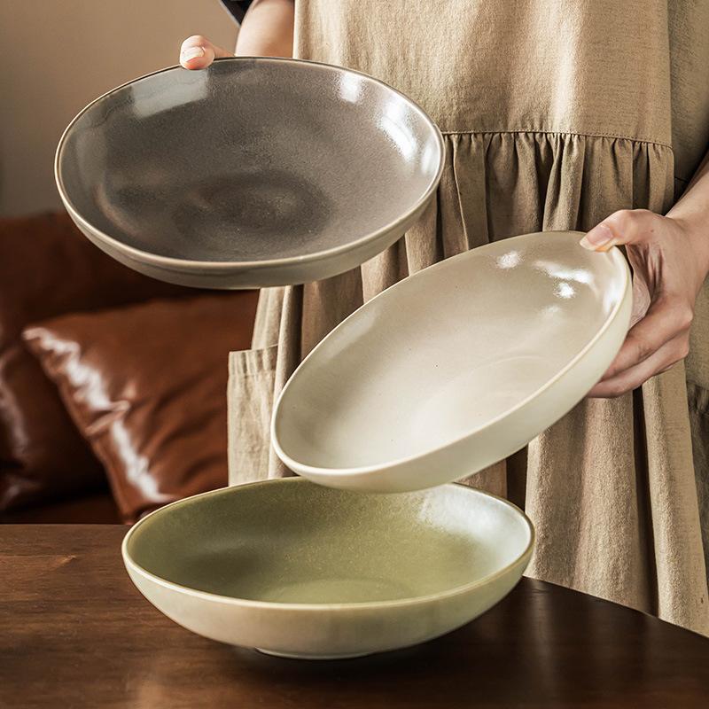 Open Large Bowl Retro Style Ceramic Bowl Household Dish Bowl Breakfast Bowl Fruit Salad Bowl Restaurant Round Tableware