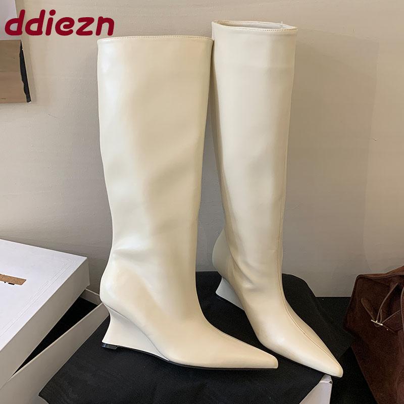 Fashion Footwear Slip On Women Knee High Boots Shoes Fashion Pointed Toe Party Modern Ladies Long Boots Female Wedges Shoes Pumps