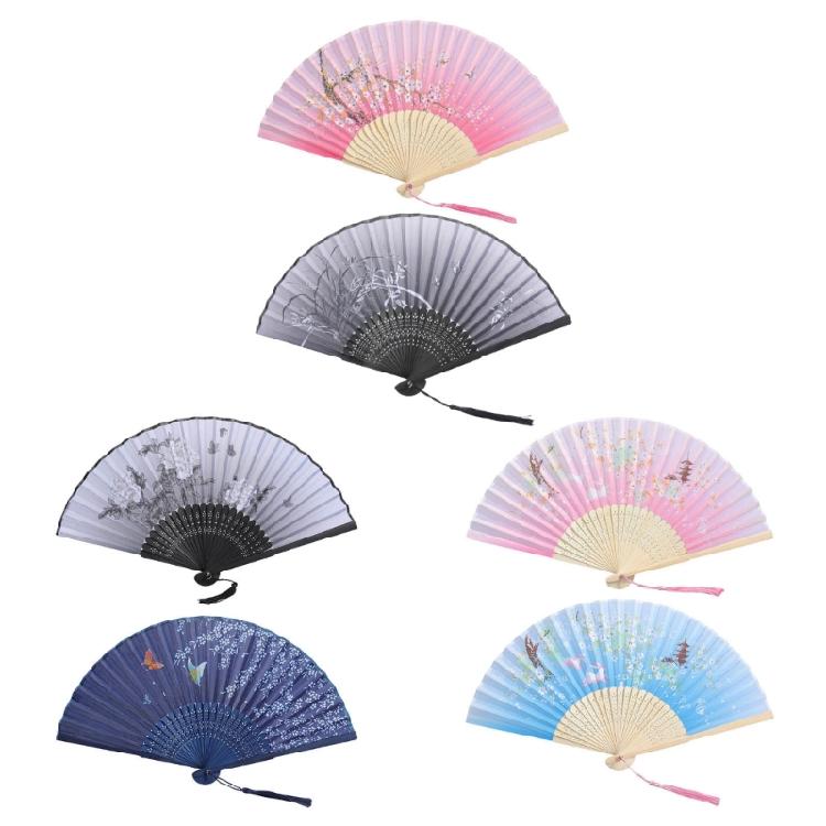 2Pcs Florals Folding Hand Fan Handheld Folding Fan with Flower Pattern Fabric Folding Fan for Wedding Dancing Party