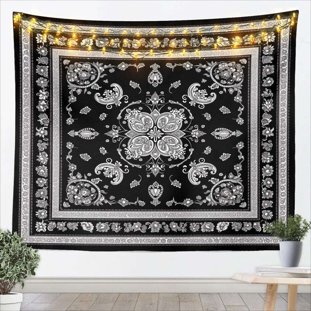 Black & White Crown Tapestry, Ornate Baroque Floral Pattern Print, Wall Hanging for Luxury & Vintage Aesthetic Home Decor