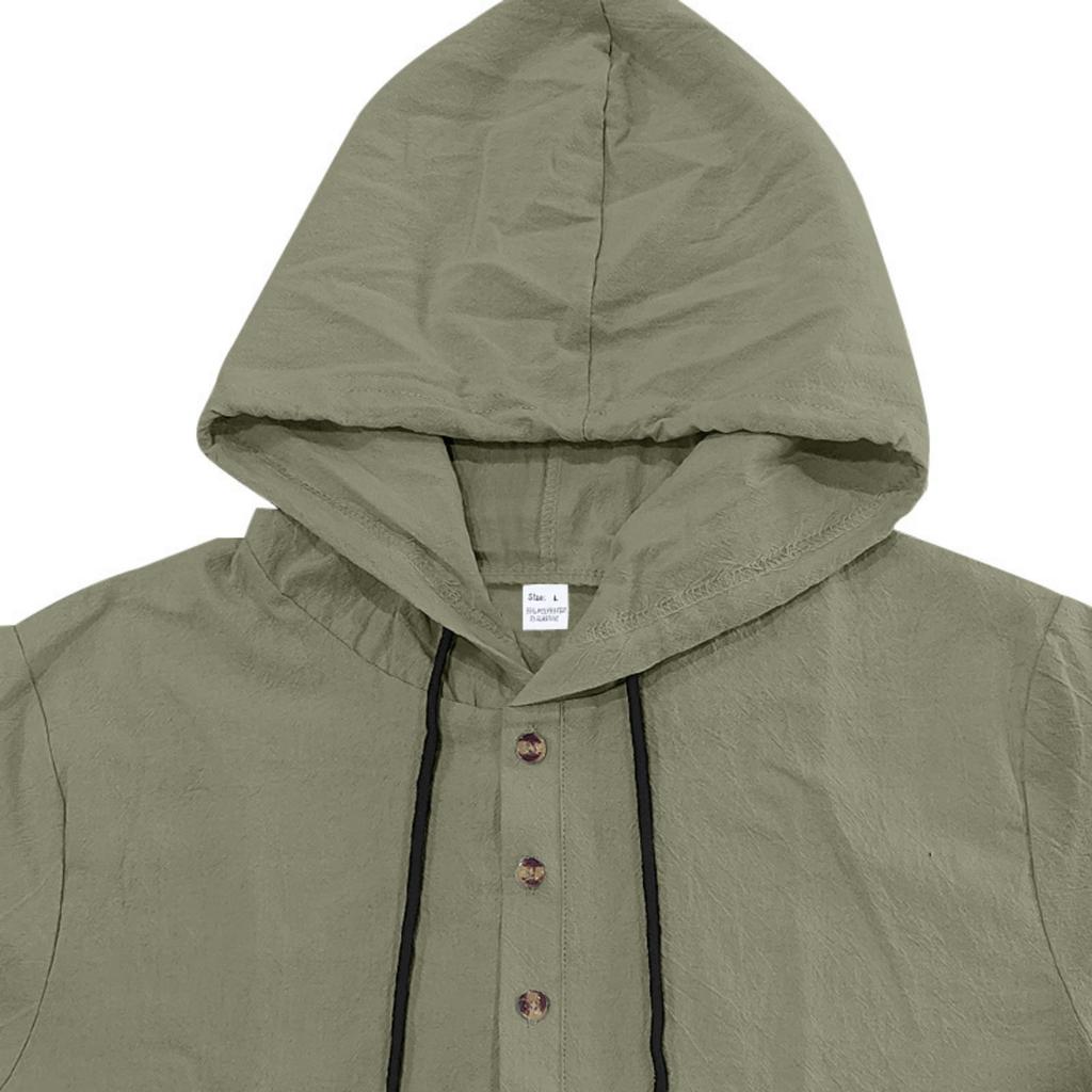 Men's Linen Short Sleeve Hooded Shirt - Casual Loose Fit Button Front Summer Beach Top