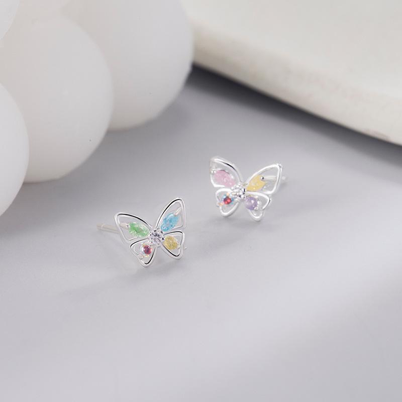 New Fashion Creative Colorful Diamond Butterfly 925 Sterling Silver Jewelry Sweet Girly Asymmetric Earrings TYB626