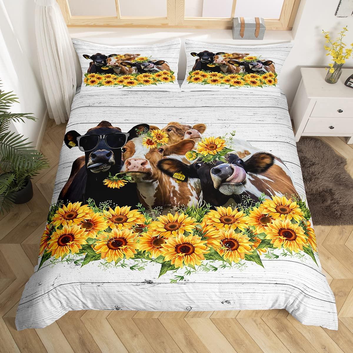 

Комплект пододеяльника с коровами, размер King Size, из микрофибры, с принтом «Молочная корова и желтый подсолнух», сладкая животная и цветочная тема, постельный комплект EU single(135x200cm)