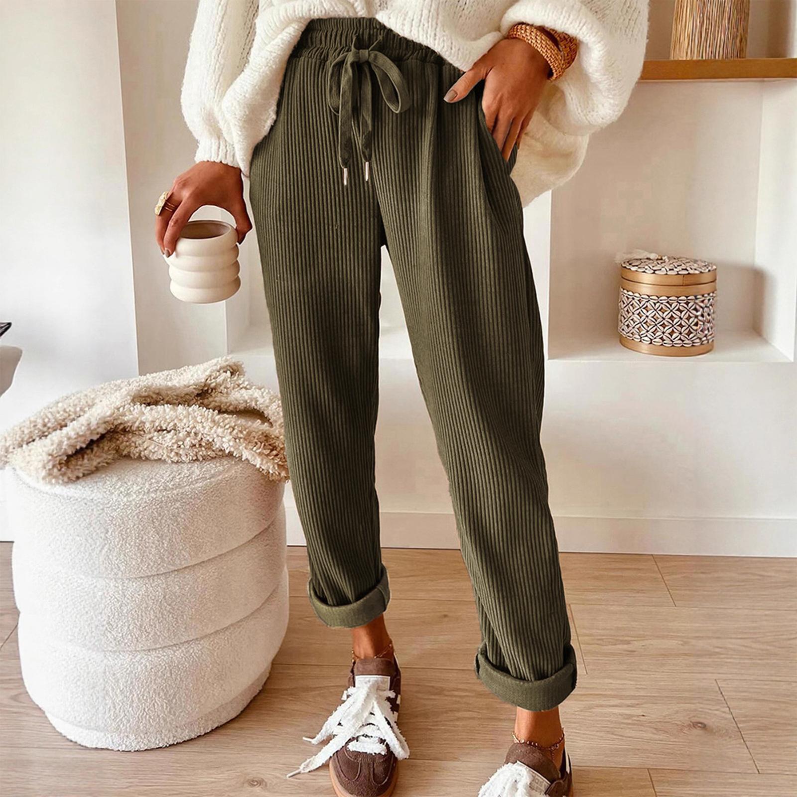 

Women s Fashionable Solid Color Elastic Waist Pocket Drawstring Straight Leg Casual Pants L